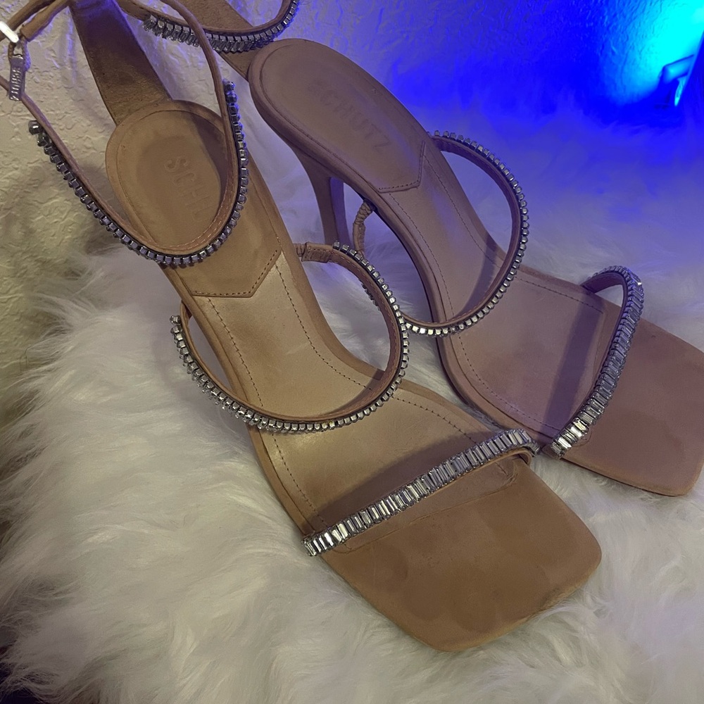 SCHUTZ Elegant Tan Strappy Heels with Rhinestone Accents